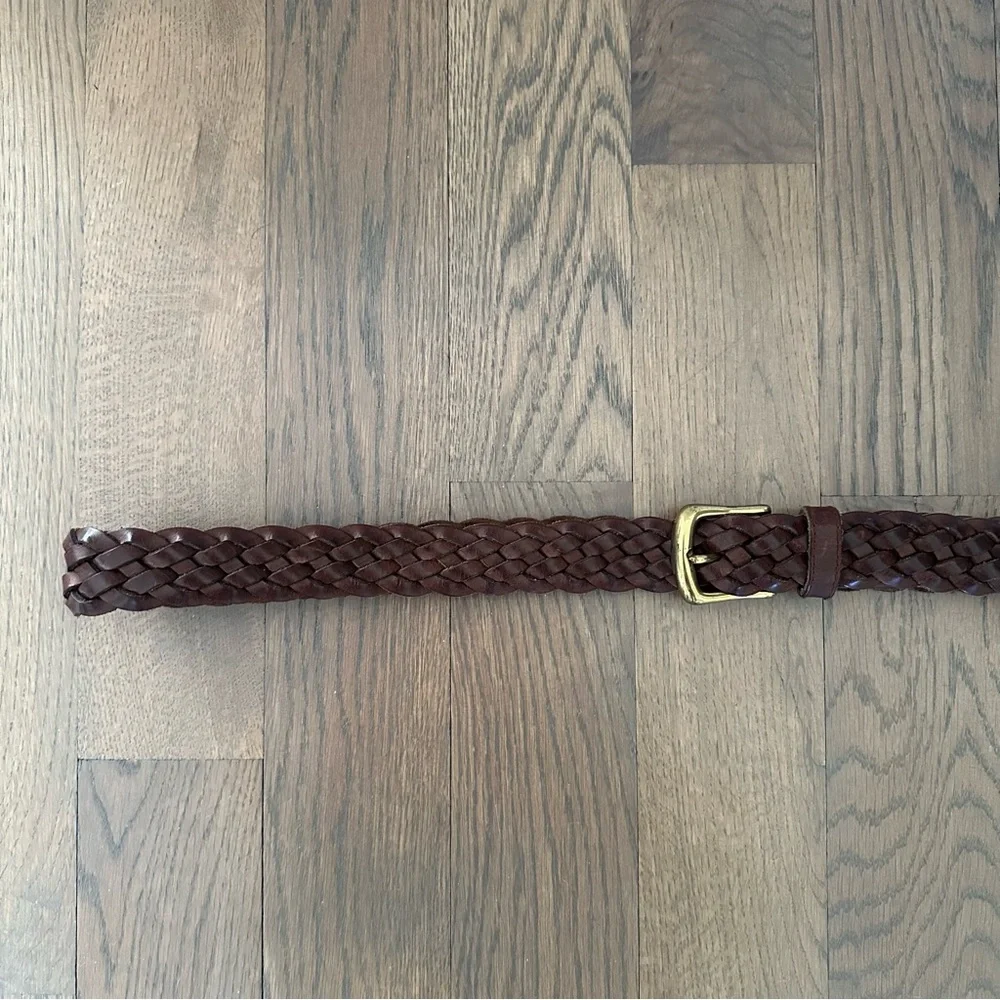Vintage Braided Leather Belt with Rounded Square Brass Tone Buckle Dark Brown XL